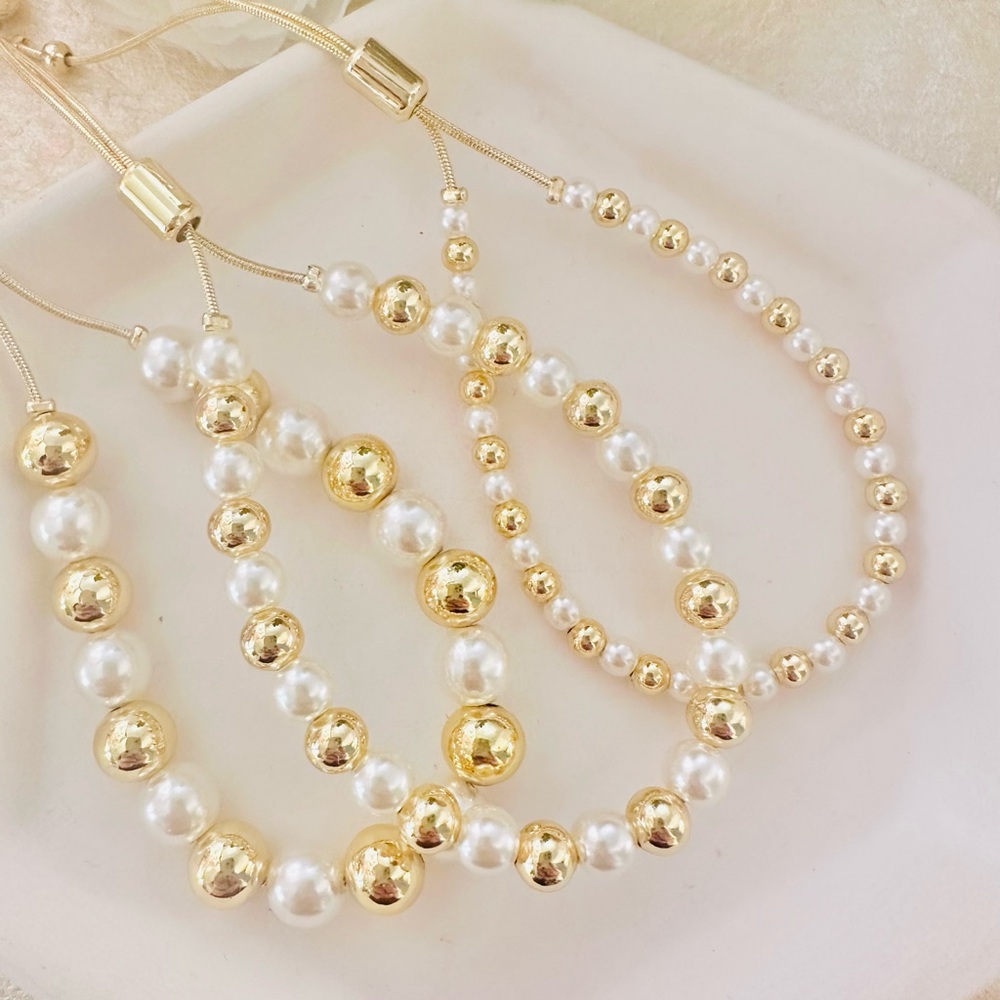 Dainty Pearl and Gold Ball Beaded Adjustable Bracelet